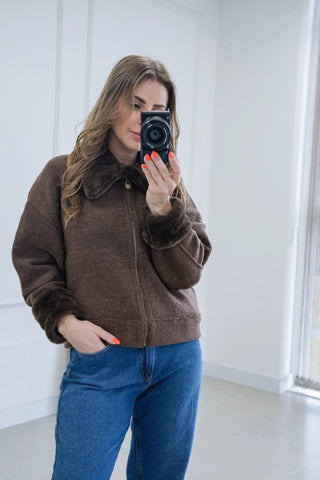 Jaqueta Aviador Biamar Zíper com Pele na Gola e Manga